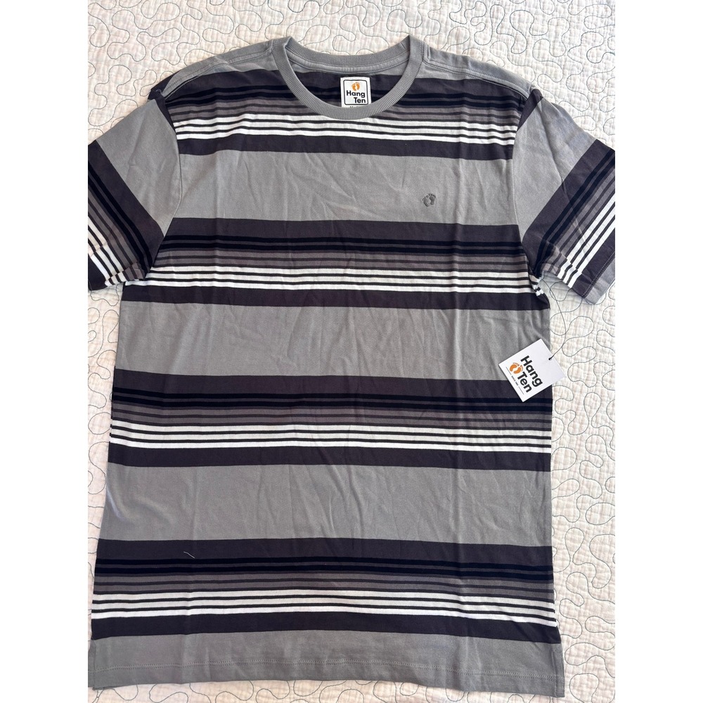 Hang Ten Mens Kels SS Tee Striped Crew Neck T-Shirt Grey Charcoal Size Medium